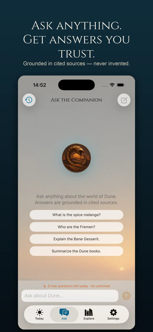 Today screen with the daily fact and artwork